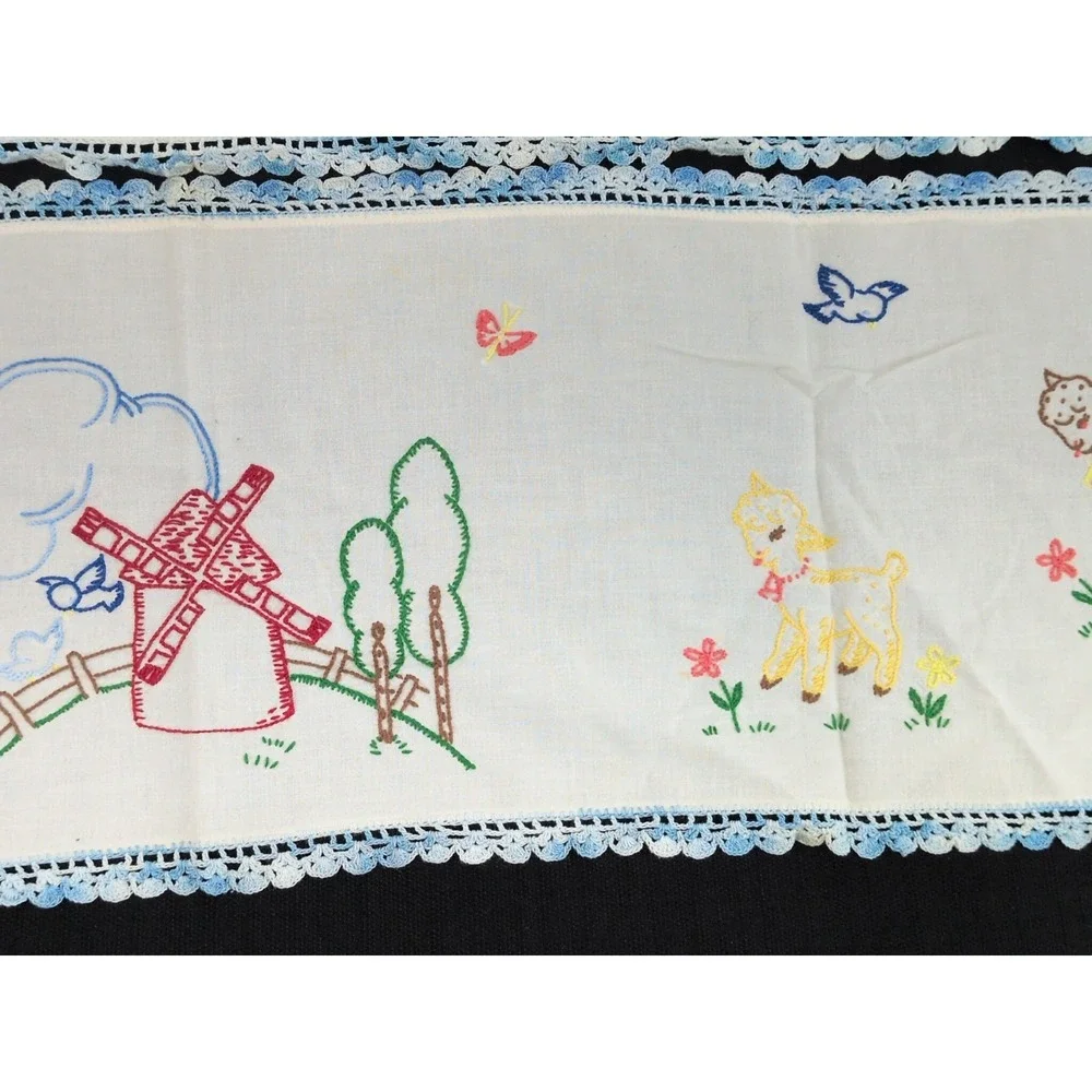 Pair VTG Handmade Embroidered Table Runner Farmhouse Farm Animals Blue Crochet